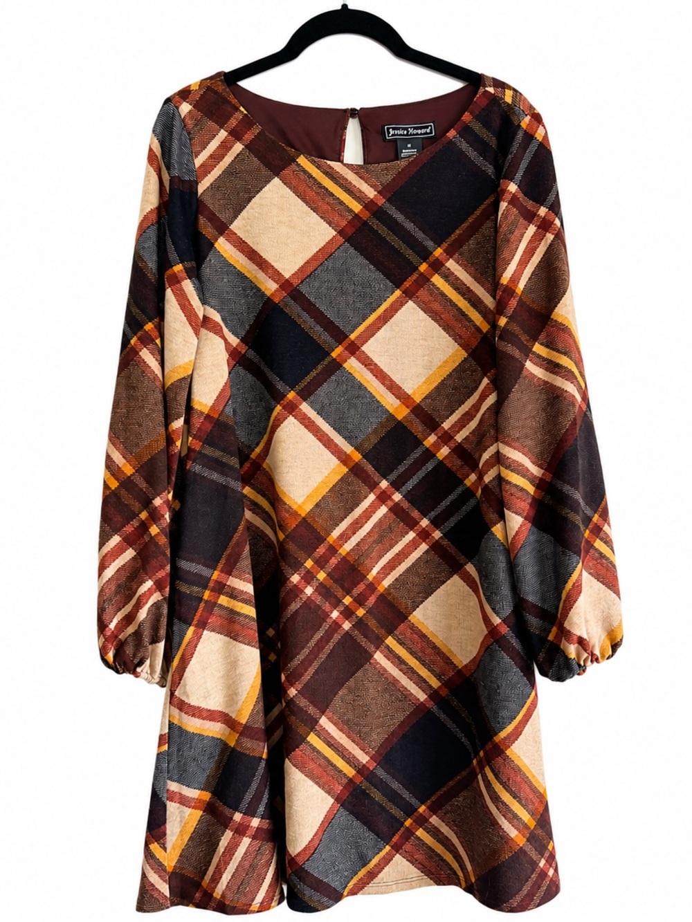 Jessica Howard Plaid Shift Dress M Medium Rust Brown Orange Fall 3/4 Bell Sleeve
